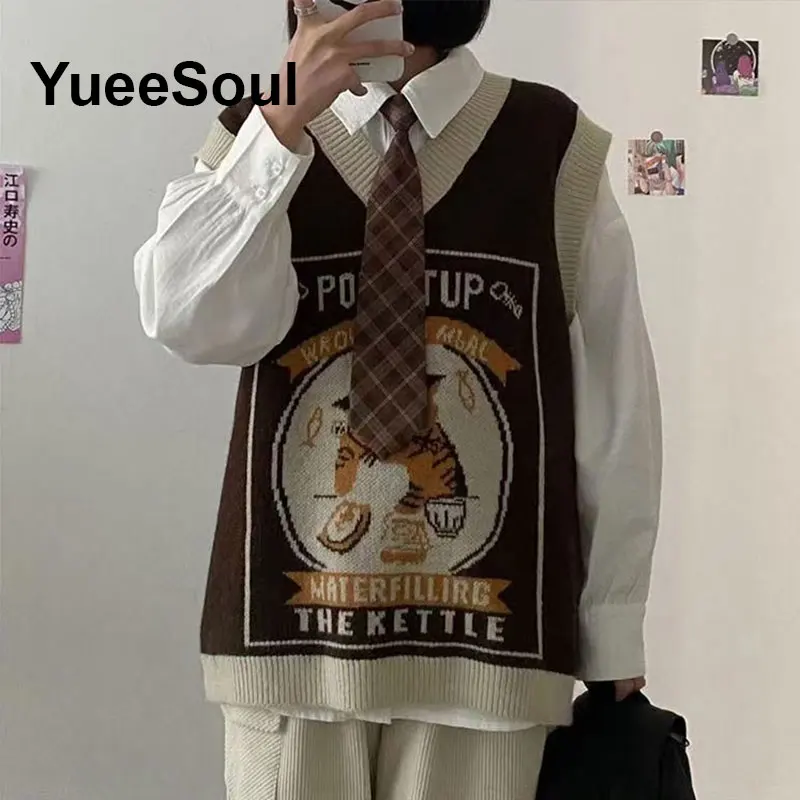 Japan Style Vintage Brown Women Knit Vest V Neck Sleeveless Loose Oversized Sweater Vest 2026 New Autumn Y2K Waistcoat Outerwear