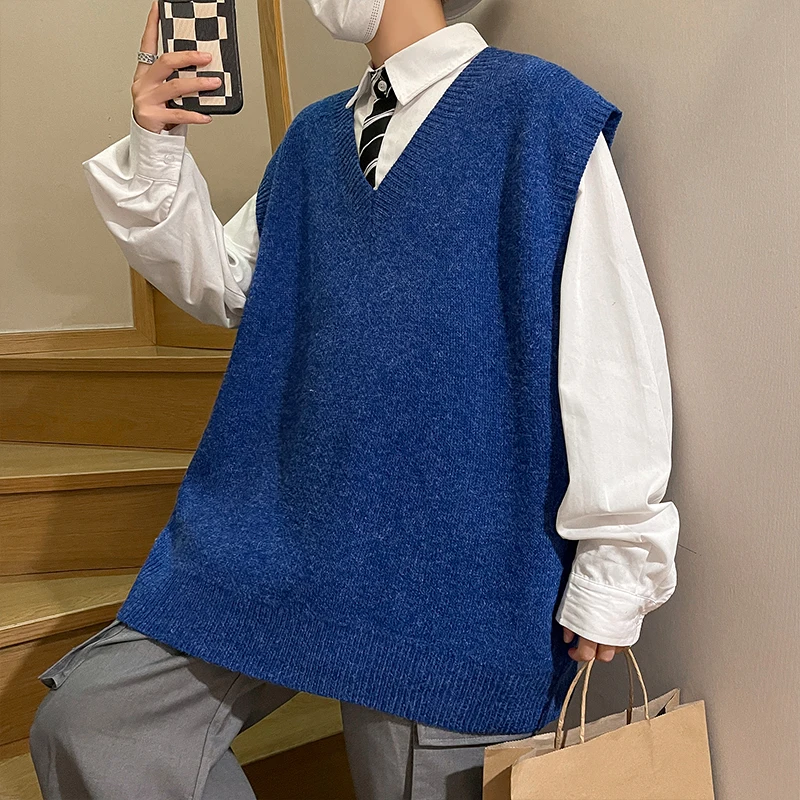 

Hong Kong style loose 2025 autumn and winter men's vest knitted sweater for outerwear trendy camisole college style V-neck loose