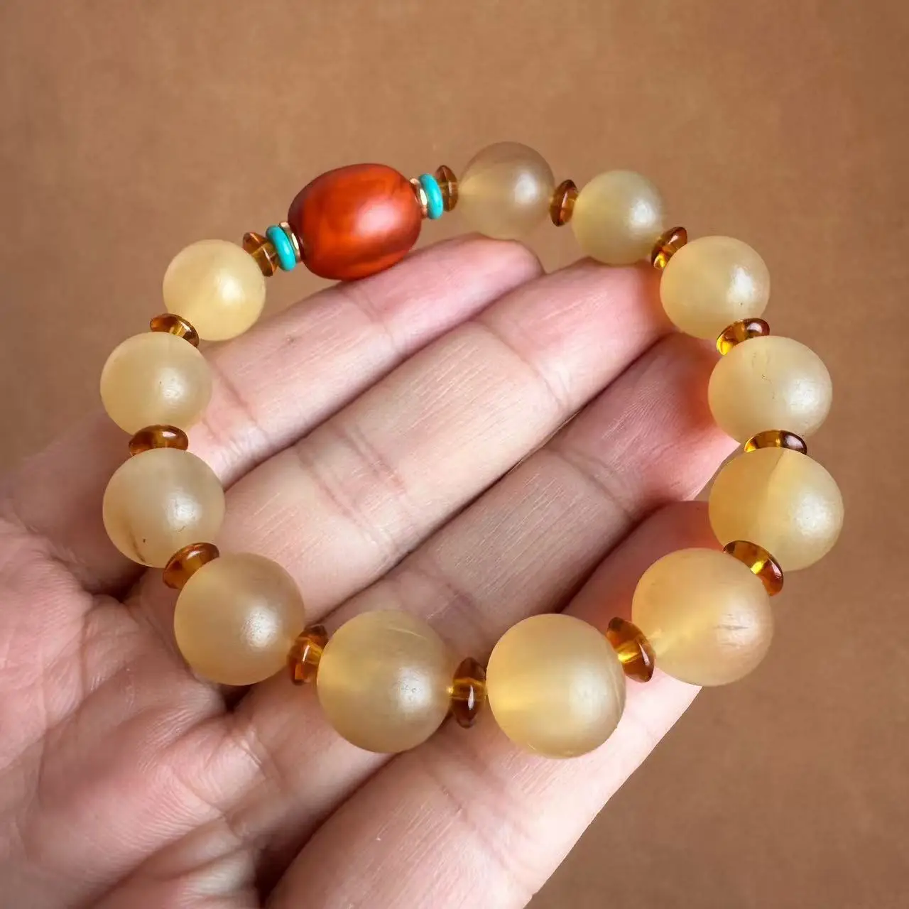 Natural Tibetan Horn Bracelet Ethnic Style WenPlay Vintage HandString Bloodshot Horn Barrel Bead Buddha Beads Men's and Women's