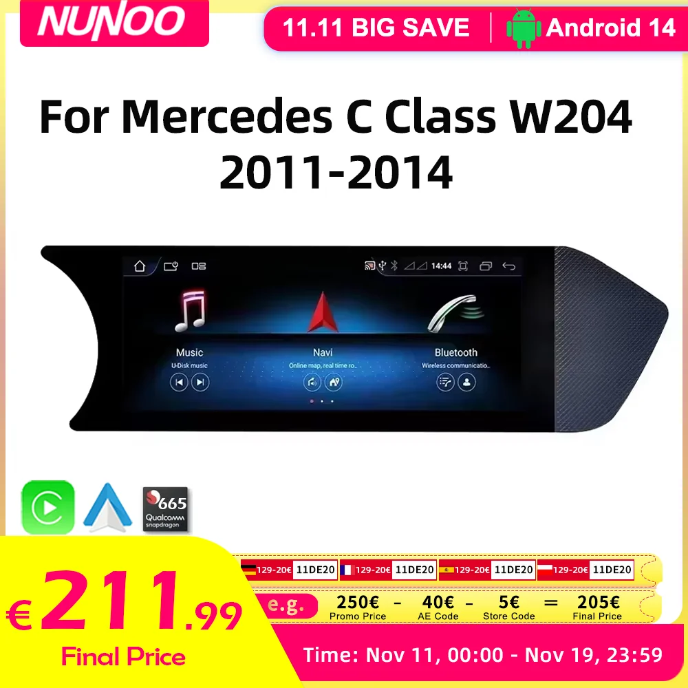 

Android 14 Auto Radio Wireless Carplay For Mercedes C Class W204 2011-2014 Car Multimedia Player BT WIFI SIM Stereo GPS