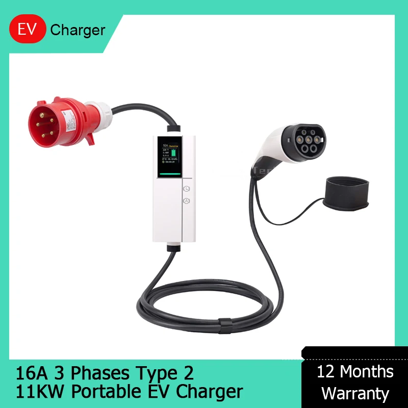 

Portable Power Bank EV Charger Type 2 10A 16A Adjustable IEC 62196-2 11KW 3 Phases With Red CEE Plug for EV Car Charging
