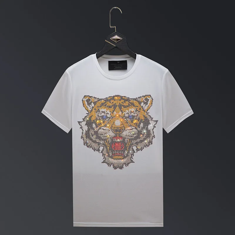 Cartoon Tiger Rhinestones T Shirts Men Brand Short Sleeve Fashion Man Streetwear Cotton O Neck Slim Tshirts Camiseta Masculina