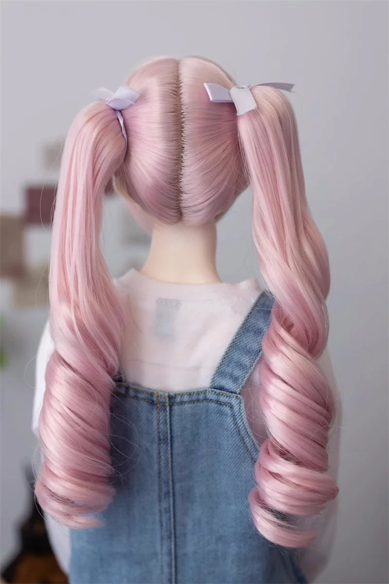 BJD 인형 스위트 걸 가발, 1/3 1/4 고온 실크 호랑이 입 클램프 활 더블 포니테일 긴 곱슬 머리 인형 액세서리