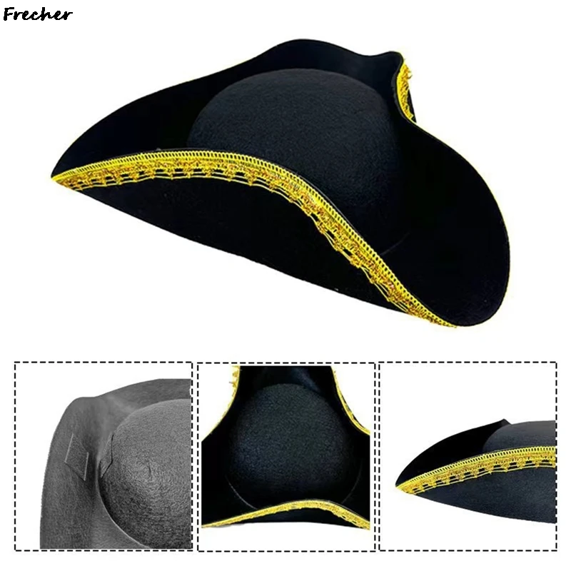 Role Play Pirate Hat Cosplay Unique Tricorn Hat Stage Captain Hats Performance Sun Caps Masquerade Party Dress Up Cap Black image 5