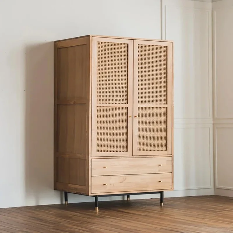 Rattan Solid Wood Wardrobe Bedroom Cabinet Storage Locker Double Door Hanging Wardrobe Storage Armario Bebe Armario Pasillo image 3