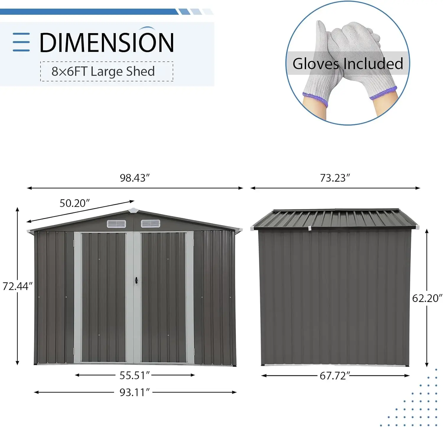 8x6 FT Outdoor Storage ShedGalvanized Steel Metal Garden Shed, Double Door, Outdoor Storage Tool House for Backyard, Gray