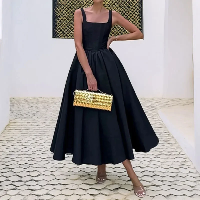 

Robes Longues Vintage Lapel Belted Hem A-Line Solid Color Long Skirt Women's Summer New Bohemian Commuting Pleated Evening Dress