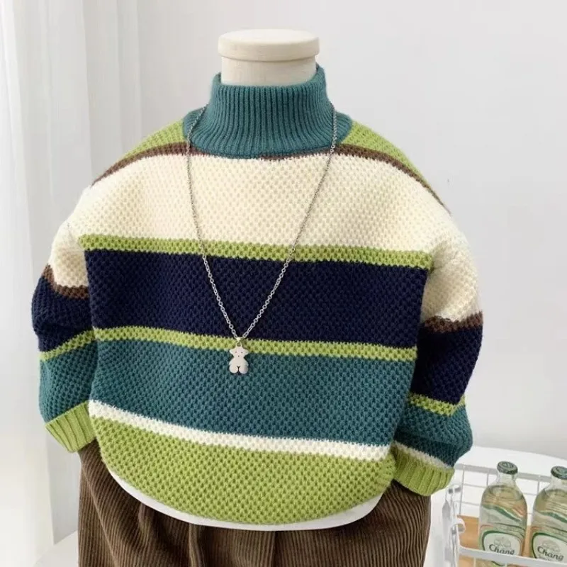 

Autumn/Winter Boys' Half High Collar Sweater 2025 New Children's Contrast Stripe Base Knitted Sweater