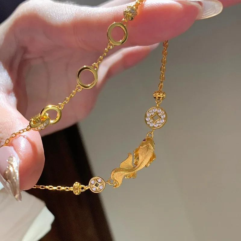 

Vintage antique gold craftsm brushed luxury fish koi necklace bracelet diamond inlay exquisite high-quality jewelry sets