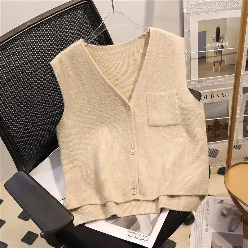 Women\'s Clothing Spring Autumn Sleeveless Button Cardigan Pockets Sweater Knitted Vest Casual Coats Fashion Screw Thread Tops