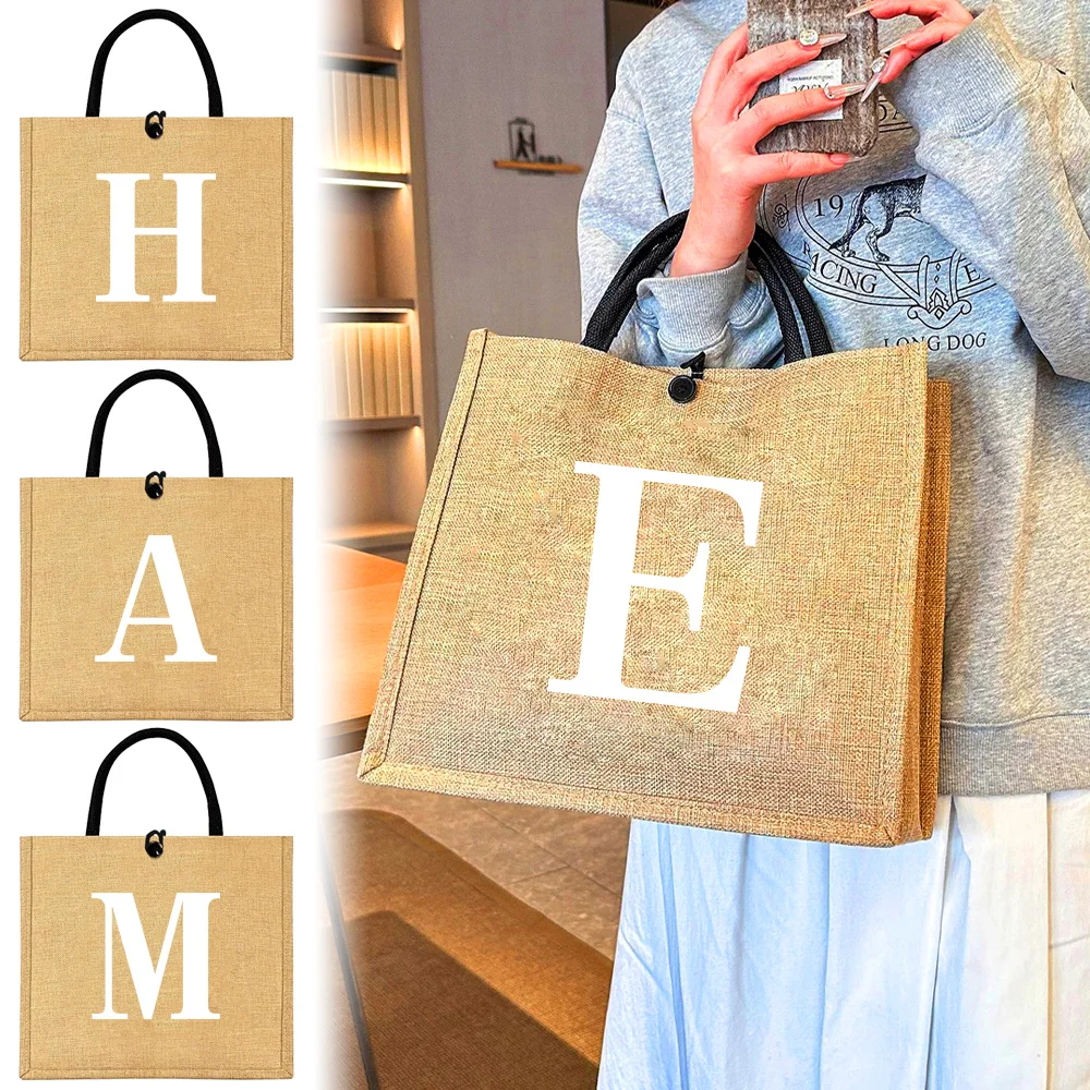 Linen Button Handbag Shoulder Bag White Organizer Storage Jute Tote Bags Imitation Cotton and Women Shopping