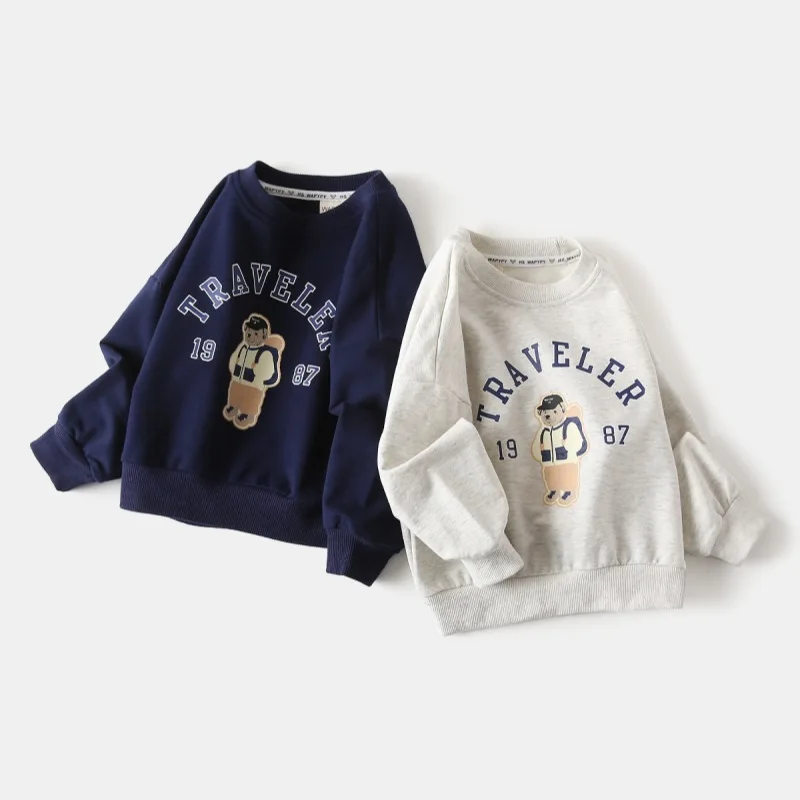 2025 Spring New Boys Hoodie Korean Style Children Loose Round Neck Hoodie Baby Backpack Bear Cartoon Trendy Kids T-Shirts 2-7y