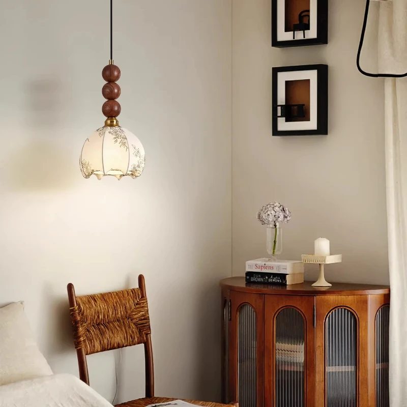 French Vintage Fabric Pendant Light Medieval Walnut Color Chandelier Retro Bedroom Bedside Dining Room Restaurant Hanging Lamps