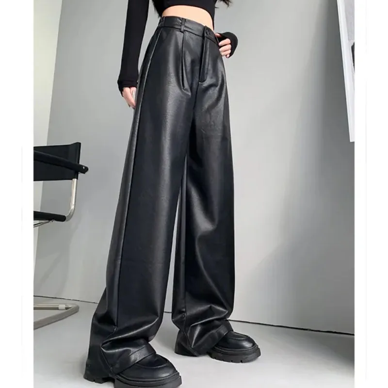 PU Leather Pants Women Black Fashion Hight Waist Straight Faux Leater Trousers Chic Autumn Winter Loose Streetwear Pants