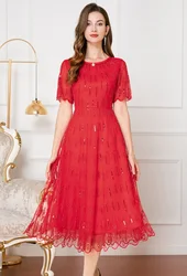 Sequined Party Elegant Dress 2024 Summer Bride Mother Women Allover Luxurious Embroidery Short Sleeve Midi Cocktail Dress 3XL