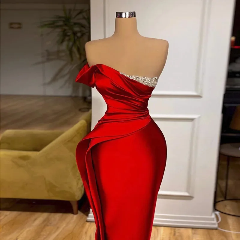 Evening Dresses Long 2024 Red Mermaid Elegant Women Satin Court Train Formal Occasion Luxury Prom Gown Party Dress Sexy Pearl