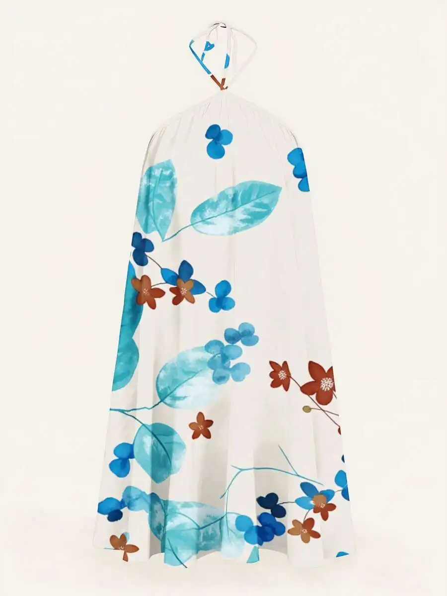 

Floral Print Halter Neck Backless Wrap Dress Women Summer Beach Sundress Boho Style