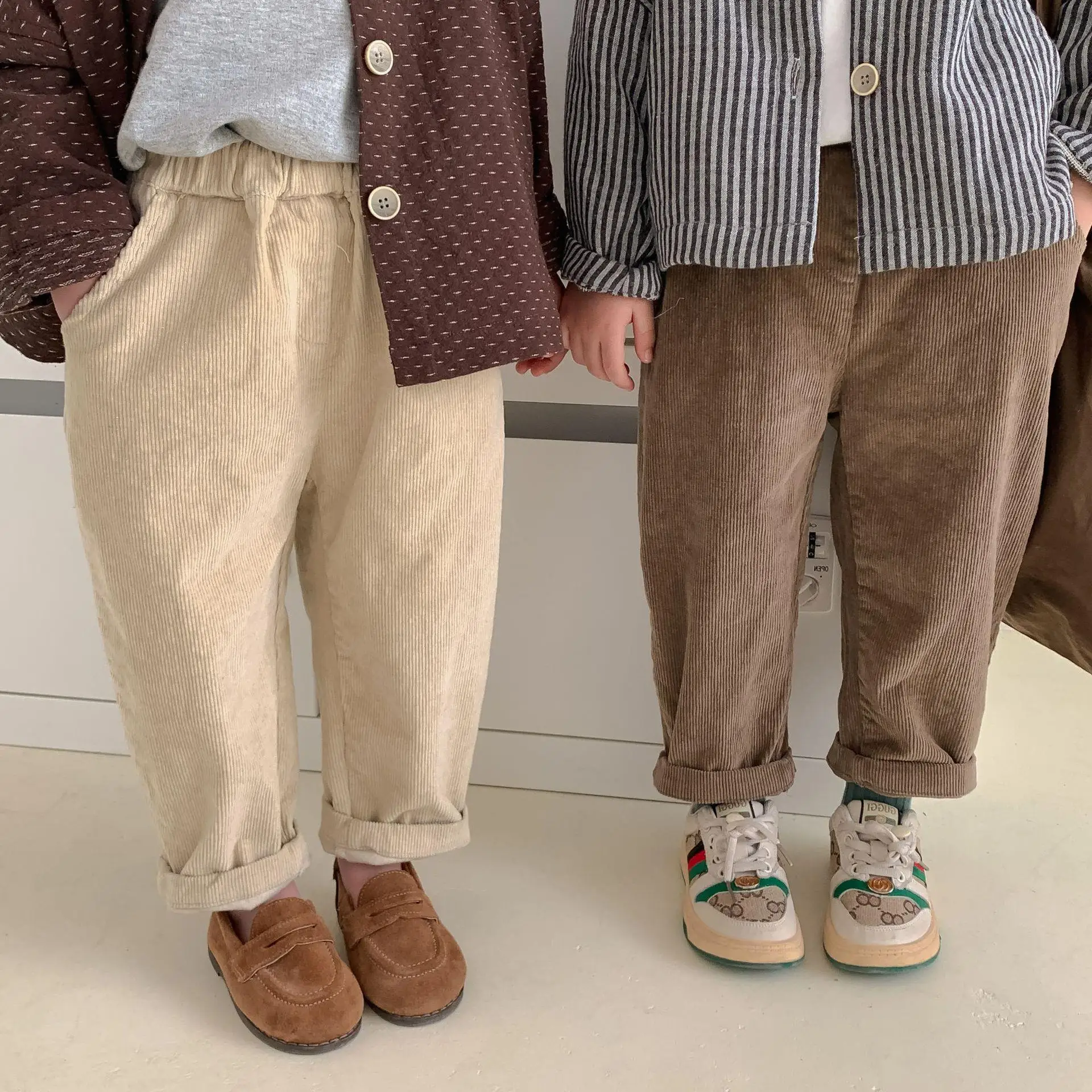 2024 Spring Autumn New Boy Children Loose Corduroy Pants Girl Baby Solid Retro Pockets Casual Pants Kid Fashion Cotton Trousers