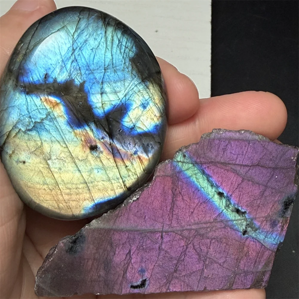2PCS Mixed Sliced Natural Colorful Blue Purple Light Labradorite Specimen Palm Stones Orange Green Light Labrador Beads Ornament