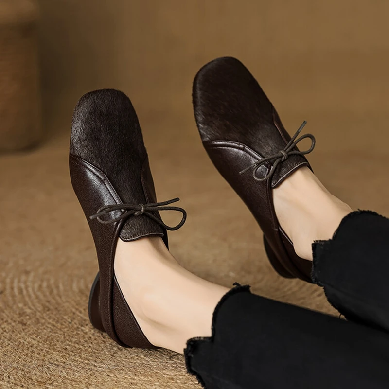 NEW Spring/Autumn Women Pumps Square Toe Strange Heel Shoes Genuine Leather Shoes for Women Horsehair Lace-up Soft Women Shoes