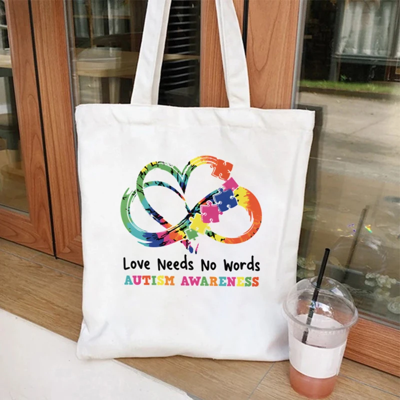 Autism Love Needs No Words Canvas Tote Bags for Women Hand Shoulder Bag Autism Is My SuperPower Large Capacity Shopping Bag