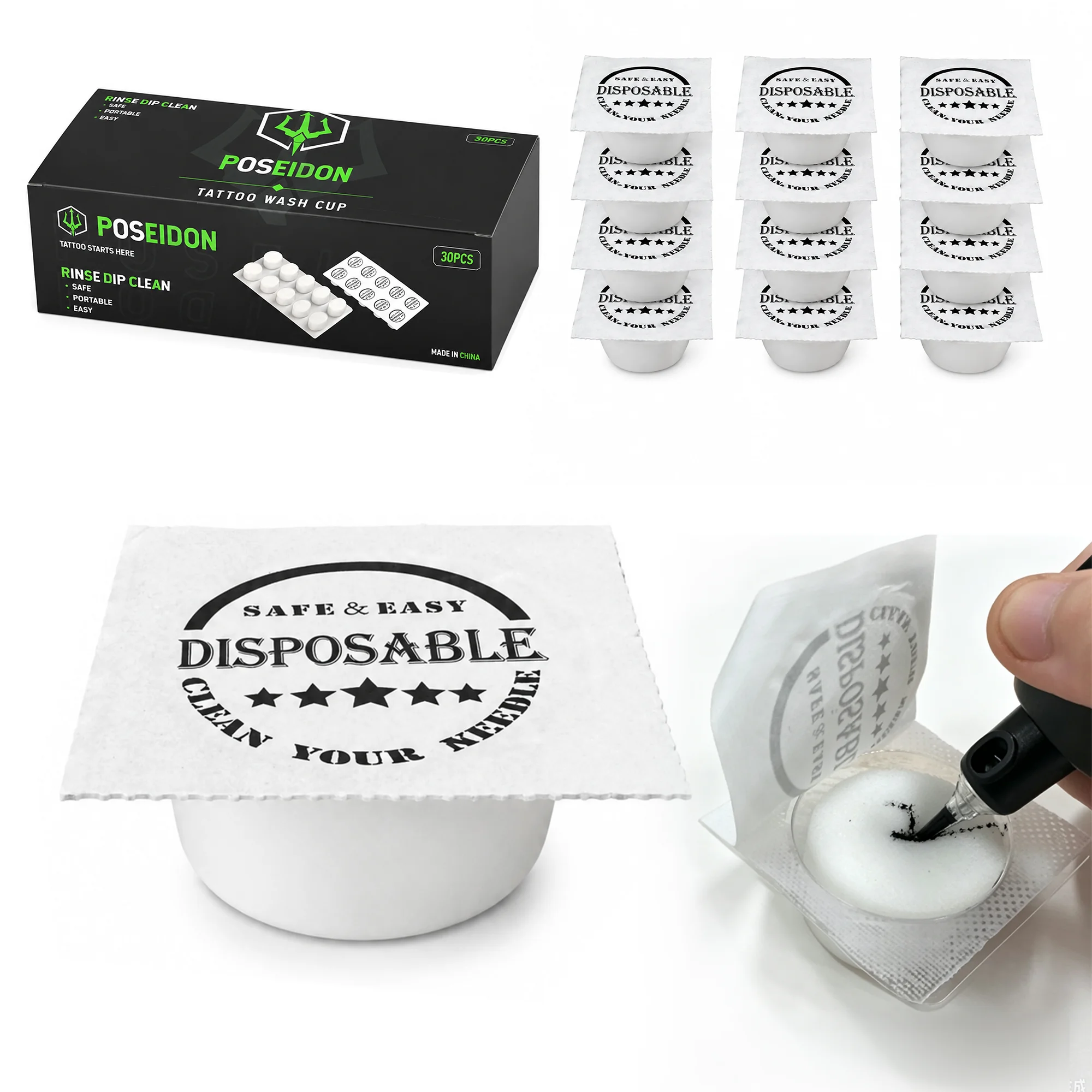 Poseidon 30Pcs Tattoo Dip Cup Caps for Needle Tip Rinse Dip Clean Tattoo Accessories Portable for Tattoo Studios Tattoo Supplies