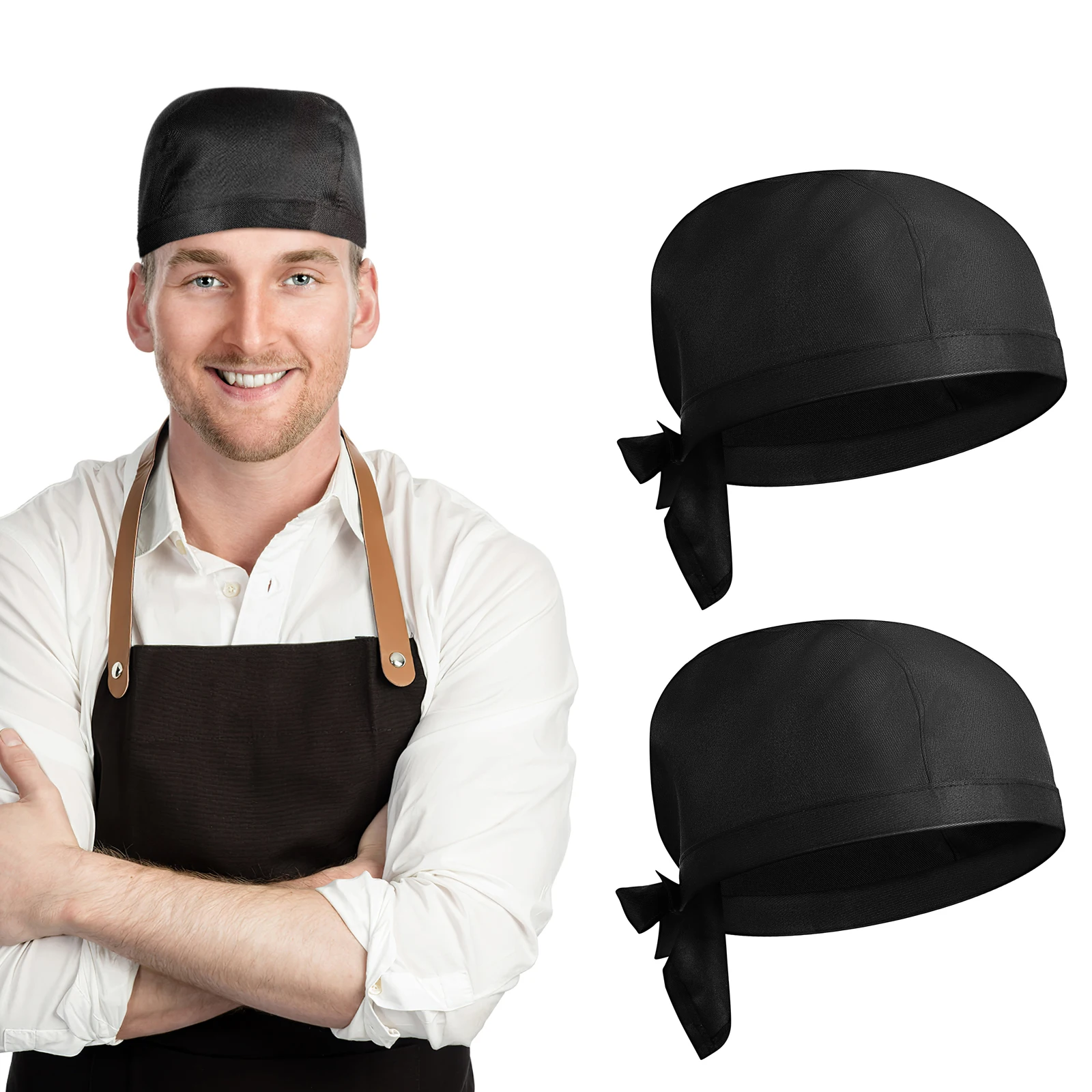 

2pcs Chef For Adults Men Women Breathable Durable Comfortable Cooking Restaurant Catering Hat Adjustable Turban Cap Black