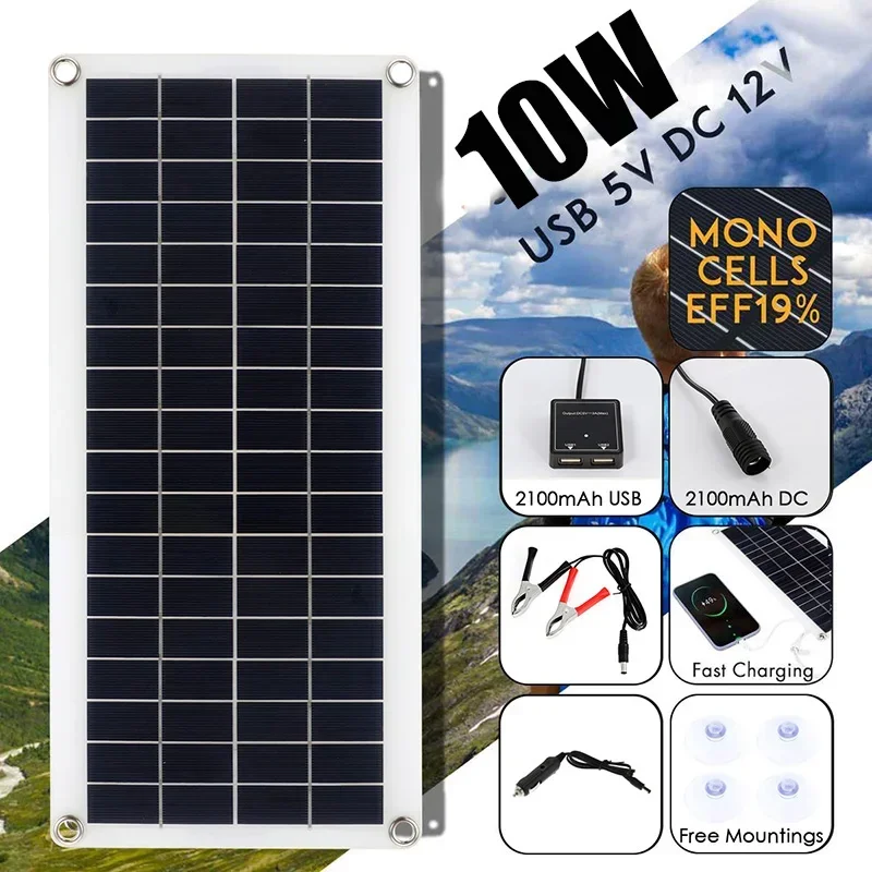 Kit completo para el hogar con sistema de energía solar, ideal para acampar al aire libre, con doble salida de 10 W, panel solar flexible y controlador para cargar baterías de coche o yate.