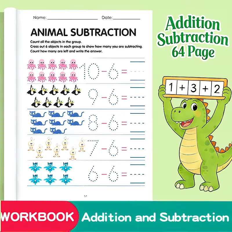 Interactive Learning Math Workbook for Kids - 64 Pages Addition and Subtraction Activity Book for Ages 3+