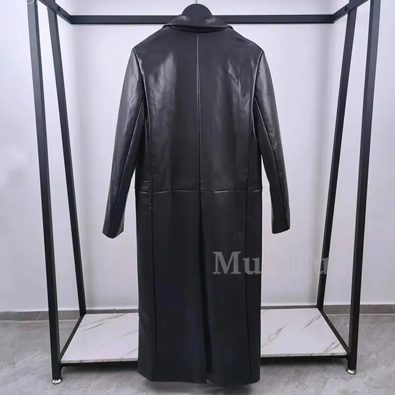 Mu&Du 2024Winter Women Vintage Straight Faux Leather Trench Coat Casual Long Motorcycle Jacket Female Street PU Outwear Overcoat