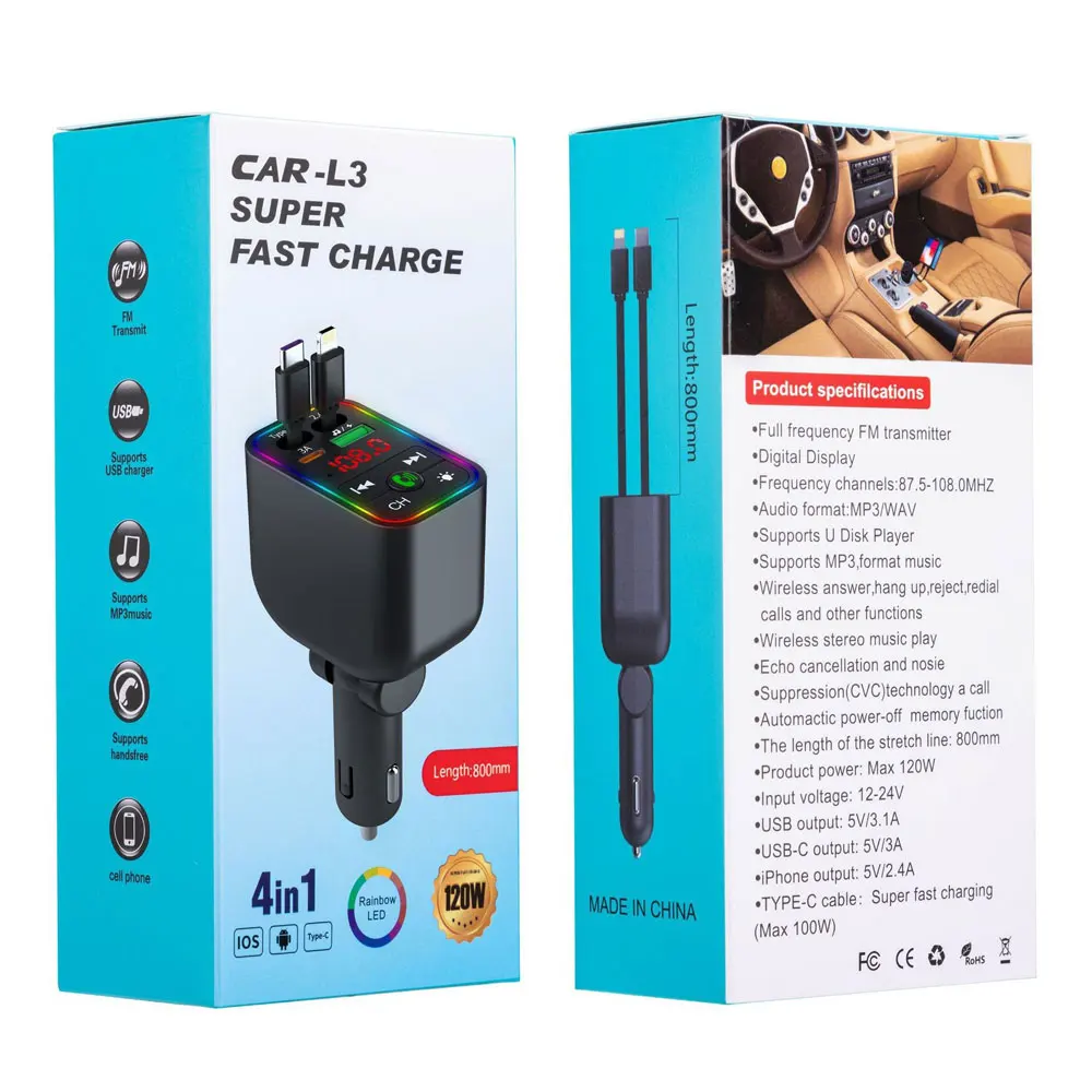 4 IN 1 Car Phone Charger 120W Type C 66W+2.4A Charging Cable with Retractable Cords with Volt Display For IPhone Huawei Samsung