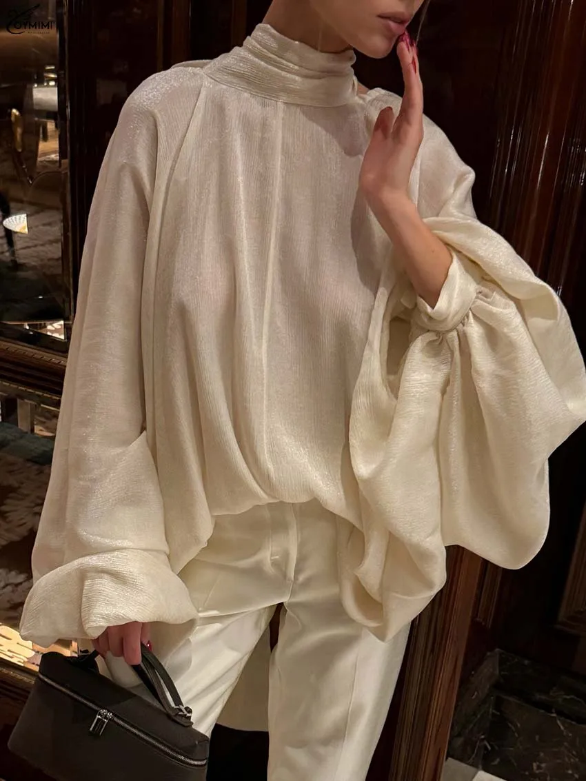 Oymimi Elegant Beige Turtleneck Women's Shirt Fashion Puff Sleeve Open Back Lace-Up Blouses Casual Loose Translucent Blouses
