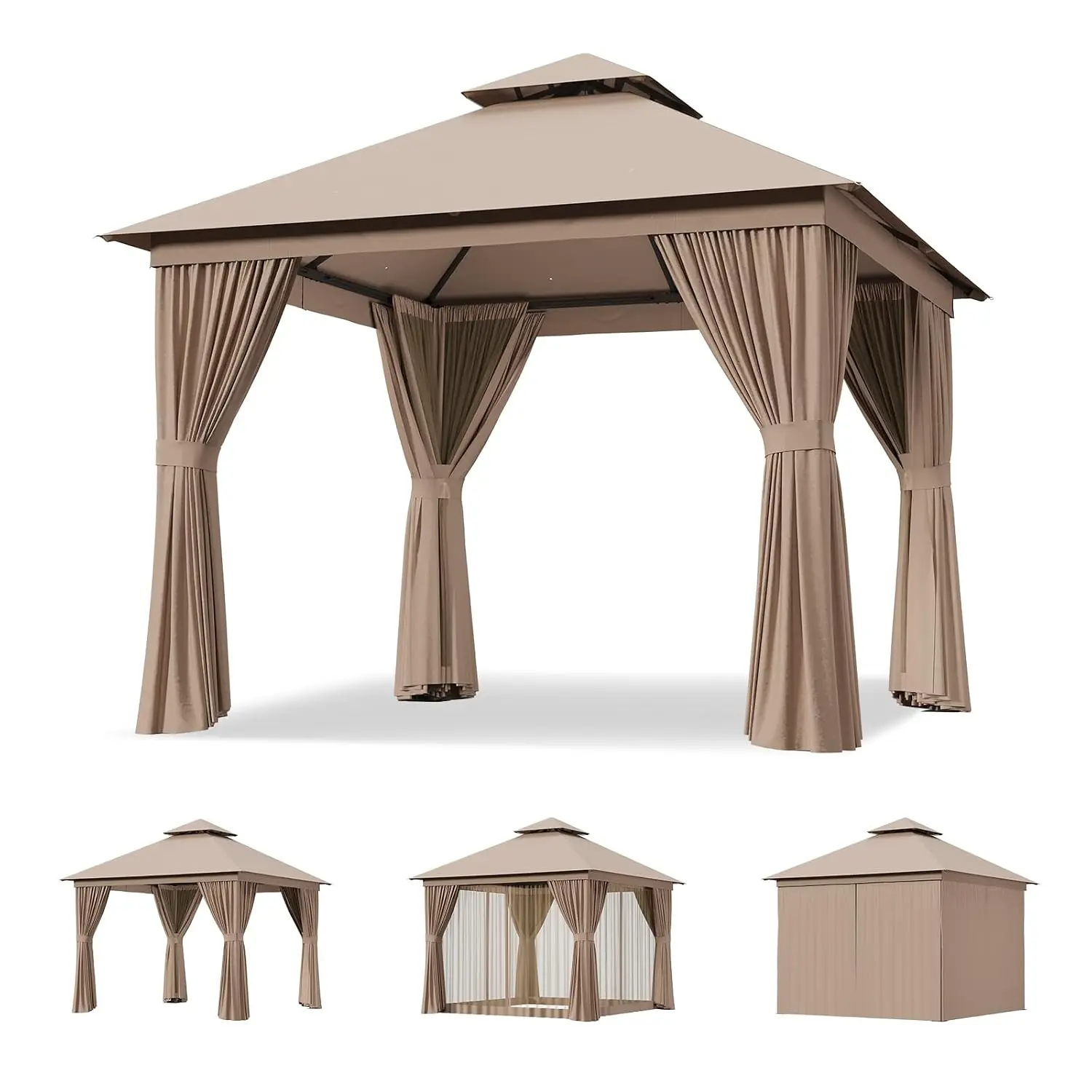 10'x10' Outdoor Gazebo with Curtain & Mosquito Netting, Beige, Customized