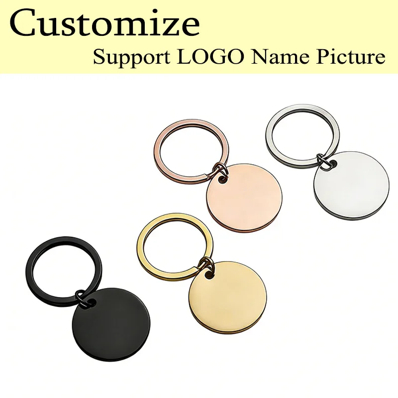 

1PC Customized LOGO Name Circular Stainless Steel Keychain Laser Carving Pendant for Men Women Keyring Key Ring Chain Gift