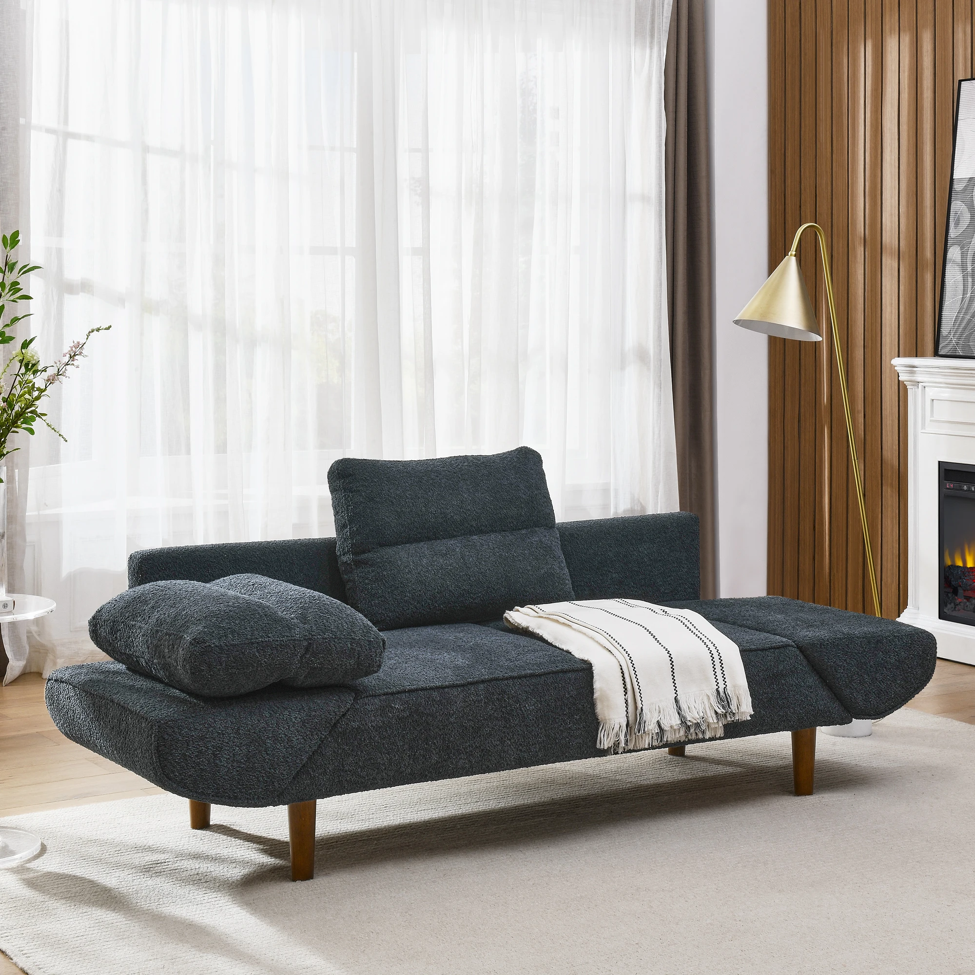 Kasur sofa futon Convertible untuk kenyamanan maksimum, sandaran lengan dapat disetel, kayu diperkuat, bantal empuk tebal, 2 tempat duduk kecil, setelan