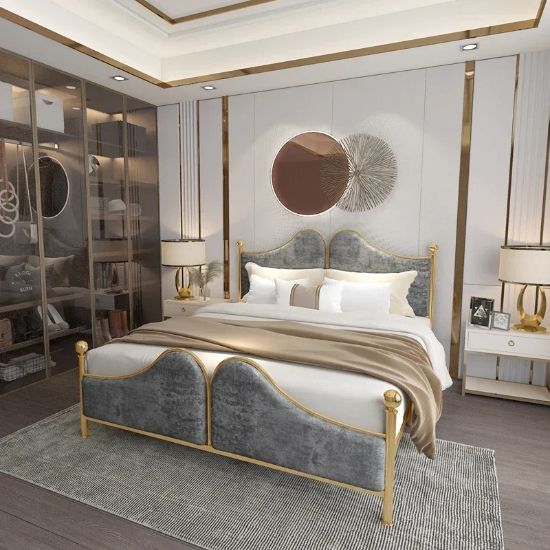 

modern simple soft clad iron framebed sheet double bed 180x200cm Nordic light luxury gold wrought iron bed ironbed metal bedroom