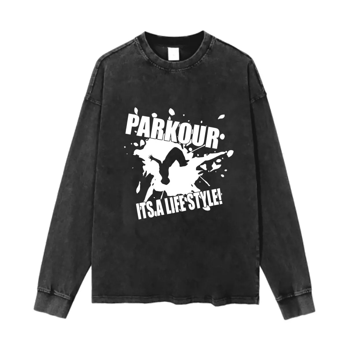 

Parkour Lifestyle Line Graphic Washed Vintage Long Sleeves Cotton Tee Shirt Solid O Collared For Men's And Women's