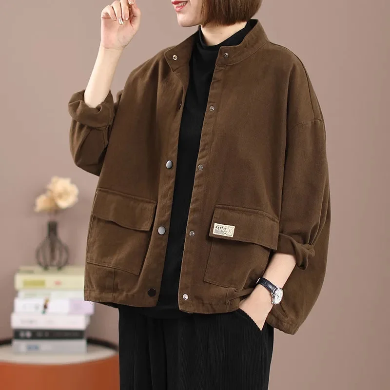 

Casual Short Jacket Women's 2024 Autumn New Korean Fashion Loose Literary Retro Coat Tooling Labeling Cardigan Button Commuting