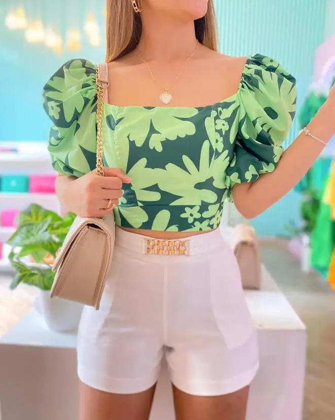 

New Fashion Floral Print Puff Sleeve Crop Top & Shorts Set for Women Temperament Commuting Women's Sexy Short Pants Outfits