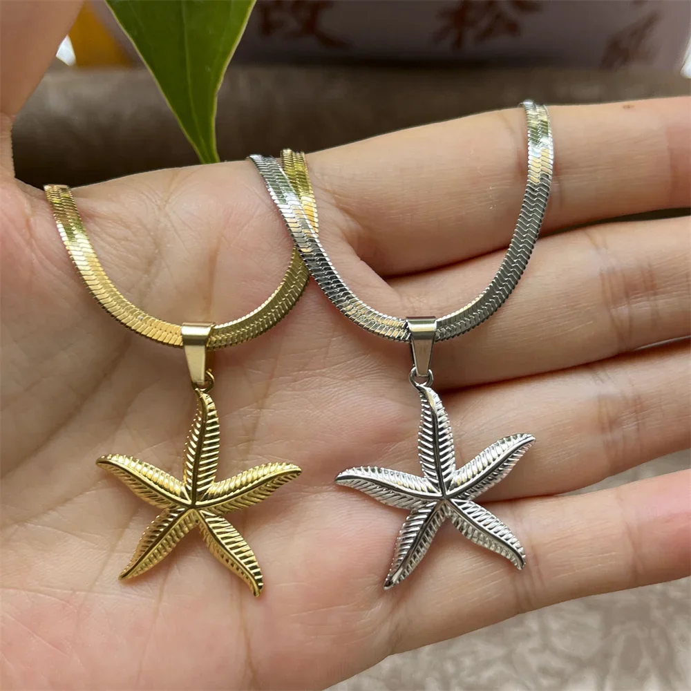 Stainless Steel Exaggerated Boho Metal Big Starfish Star Pendant Choker Necklace Women Summer Punk Snake Blade Chain Y2K Jewelry