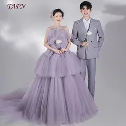 TAFN Purple Wedding Shooting Dresses Strapless Tulle Bridal Gown A-line Tiered Sweep Train Ball Gown Customized