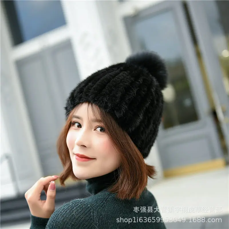 2023Autumn Winter New Mink Wool Woven Big FoxHair Ball Hat Fur Mink Wool Hat Thickened Warm and Skin Friendly Ear Protection Hat