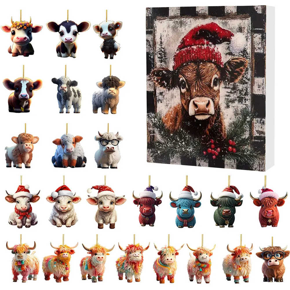 

24 Days Christmas Countdown Calendar Cow Ornaments 2024 Holiday Advent Calendar Acrylic Cartoon Highland Cow Hanging Decorations