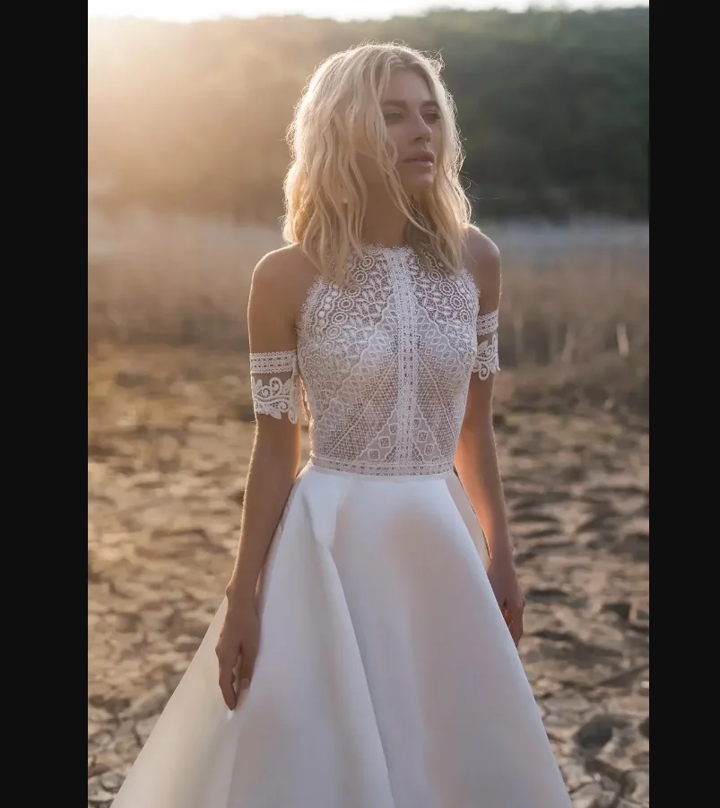 Vestidos De novia bohemios De jardín occidental, vestidos De novia De satén con encaje y cuello joya, vestido De novia con botones en la espalda, bata De playa De talla grande