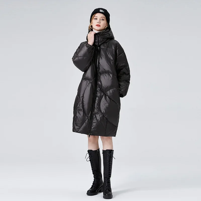 White Duck Down Loose Hooded Women Top Medium Length Down Jacket Autumn and Winter Black Glossy Surface Thickened