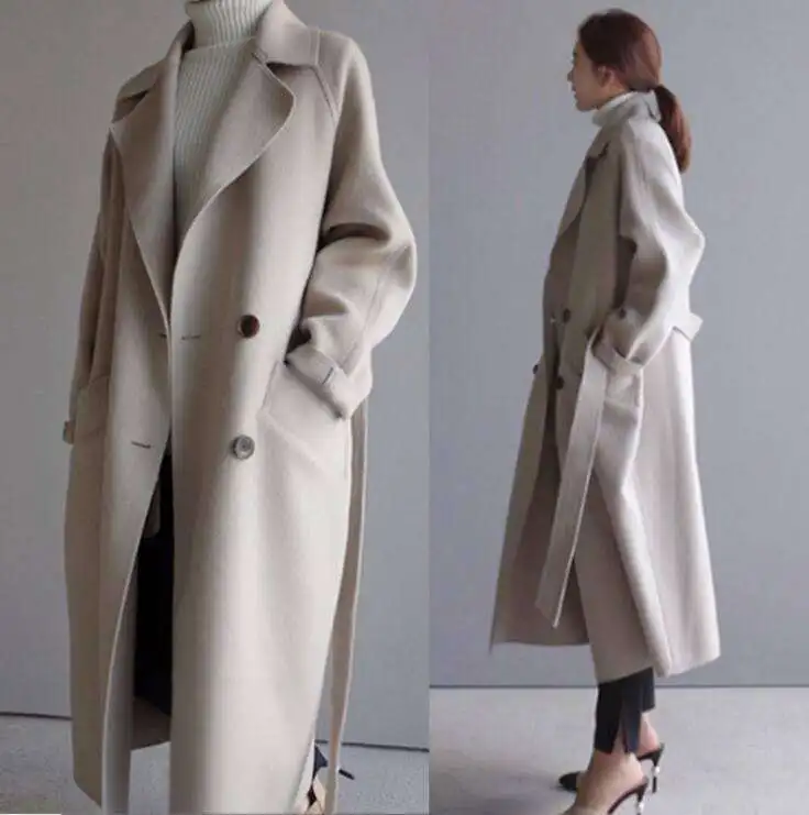 Neuer lockerer, doppelreihiger langer Wollmantel mit Revers, französischer Casual-Oversized-Mantel, warme Oberbekleidung für den Alltag im Herbst und Winter, Damen-Streetwear.
