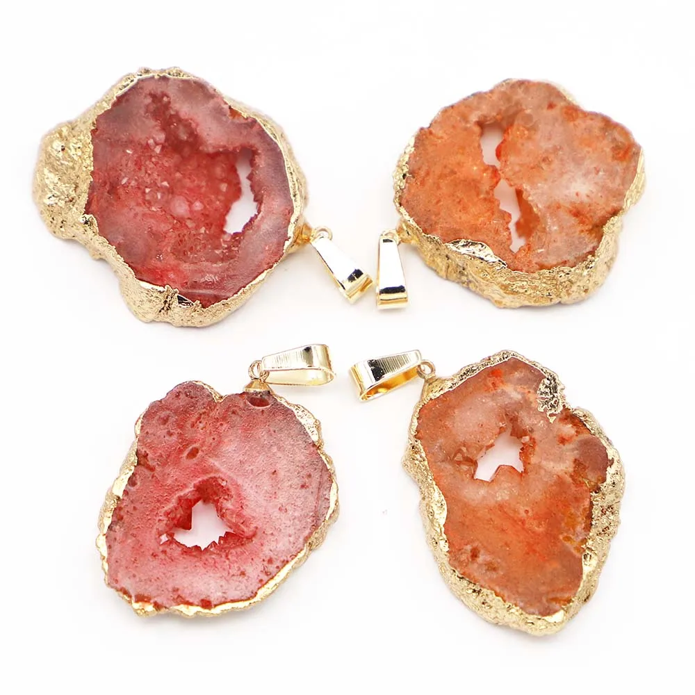 Natural Agates Raw Stone Slice Pendant Necklace Crystal Plating Phnom Penh Irregular Druzy Geode Charms Jewelry Making Gift 8Pcs