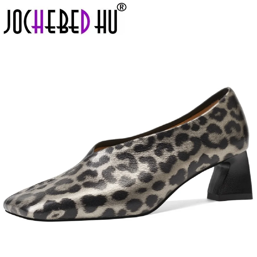 

【JOCHEBED HU】women's Handmade genuine leather Mixed color patchwork square toe Mid Hells quality soft comfortable casual 34-40