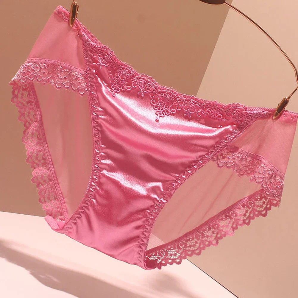 Women Satin Silky Knickers Breathable Sexy Traceless Brief Underwear Lace Transparent Panties Seamless Female Briefs Boxers