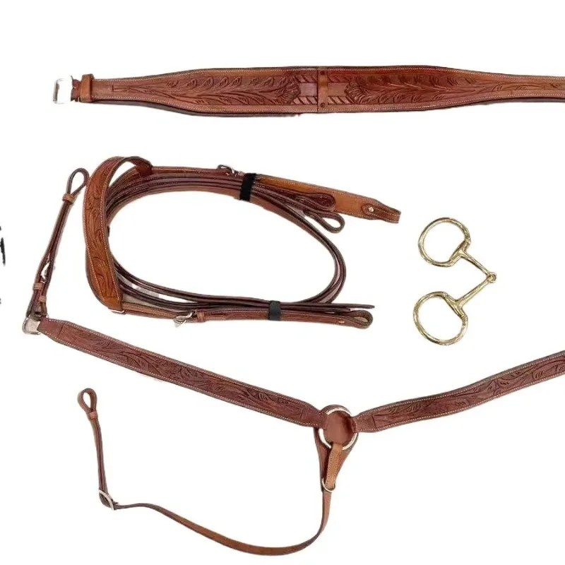 Casual riding saddle, cowhide carved western saddle, equestrian saddle harness